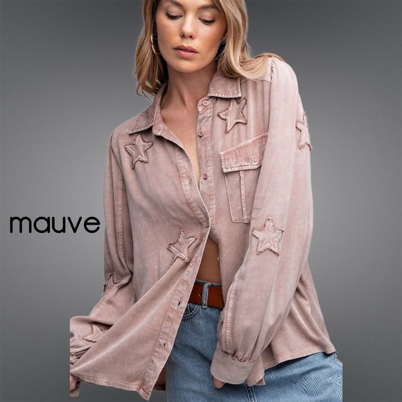 EASEL "STAR STRUCK" Embroidered Silk-Like Mineral Wash Button Up, Cuffs, Pockets - Picture 13 of 16